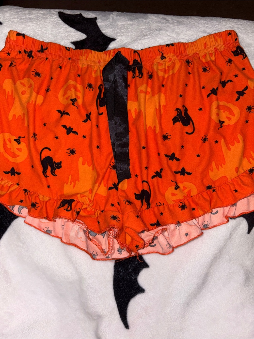 Orange Halloween Print Ruffle Shorts